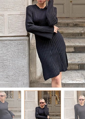 Siyah Uzun Kollu Triko Elbise - Görsel 3