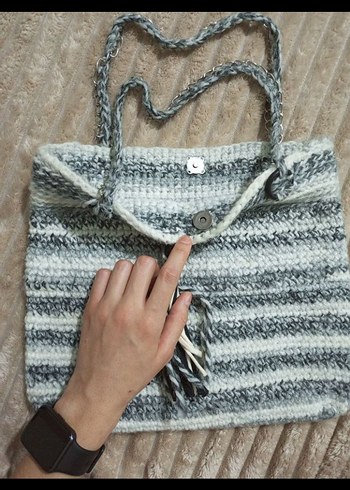 Gri Örgü Bohem Kadın Çanta - Görsel 2