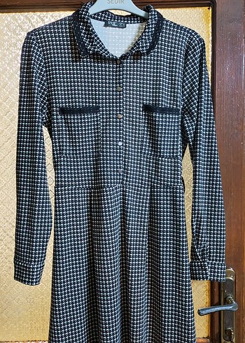 Düğmeli Uzun Kol Gri Ekose Elbise - Görsel 2