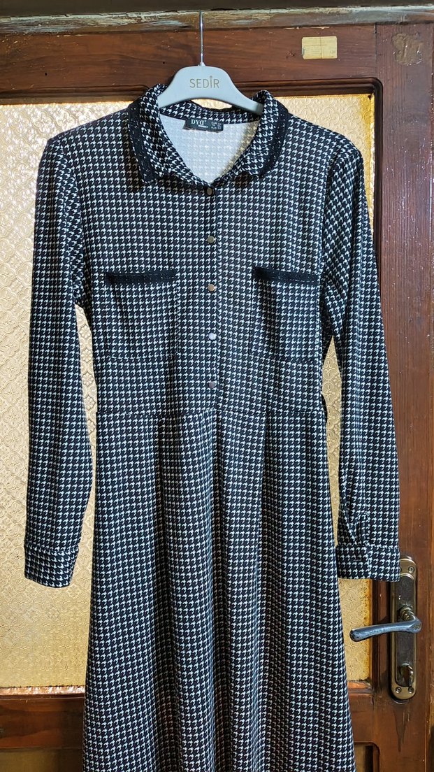 Düğmeli Uzun Kol Gri Ekose Elbise - Görsel 2