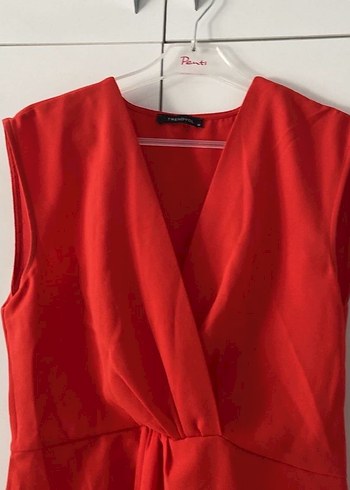 Kırmızı Kolsuz Midi Keten Elbise - Görsel 3