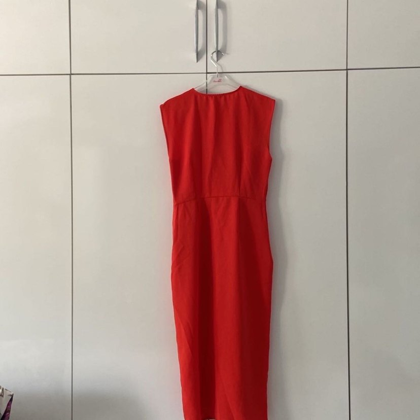 Kırmızı Kolsuz Midi Keten Elbise - Görsel 5