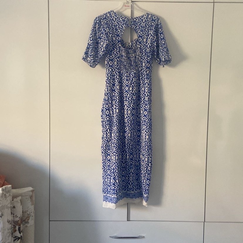 Kadın Lacivert Bağlama Desenli Uzun Elbise - Görsel 5