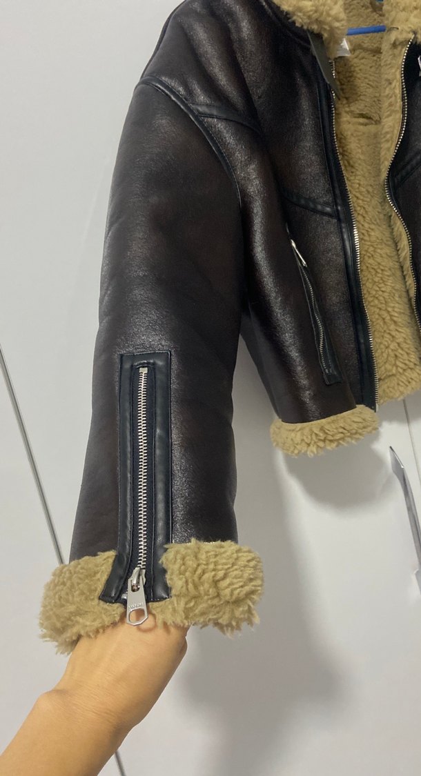 Kahverengi Kürklü Deri Biker Ceket - Görsel 5