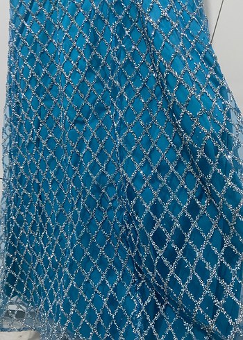 İnci İşlemeli Mavi Uzun V Yaka Elbise - Görsel 8