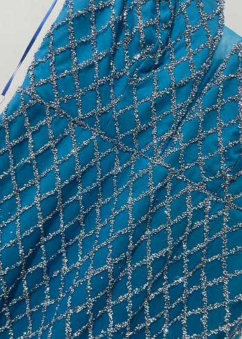 İnci İşlemeli Mavi Uzun V Yaka Elbise - Görsel 3