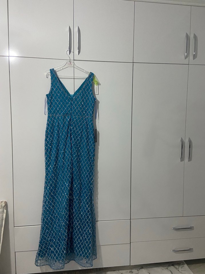 İnci İşlemeli Mavi Uzun V Yaka Elbise - Görsel 4