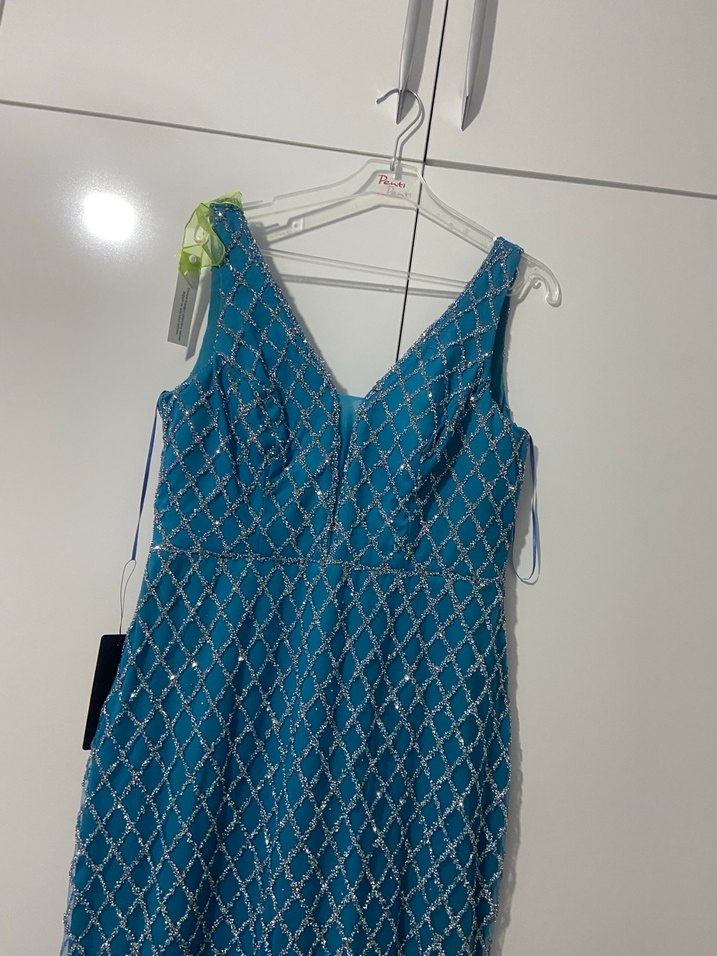 İnci İşlemeli Mavi Uzun V Yaka Elbise - Görsel 2