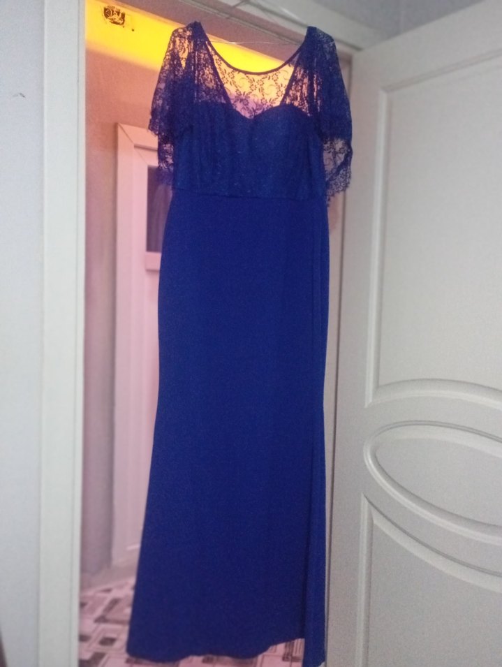 Uzun, Drapeli Mavi Kadın Abiye - Görsel 2