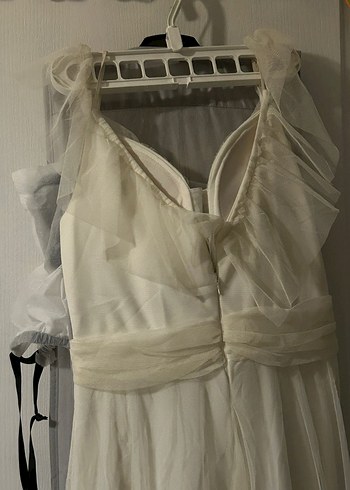 V Yaka İnce Askılı Beyaz Bohem Gelinlik - Görsel 2