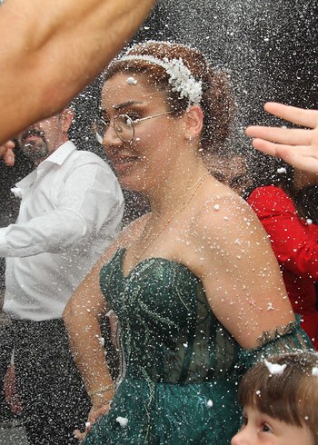 Parlak Turkuaz Transparan Uzun Kollu Kadın abiye özel dikim - Görsel 2