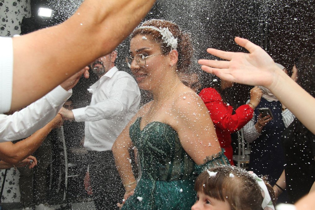 Parlak Turkuaz Transparan Uzun Kollu Kadın abiye özel dikim - Görsel 2