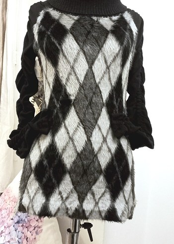 GRİ DESENLİ UZUN KOLLU KADIN SUNİ KÜRKLÜ BLUZ - Görsel 6