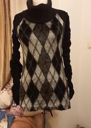 GRİ DESENLİ UZUN KOLLU KADIN SUNİ KÜRKLÜ BLUZ - Görsel 8