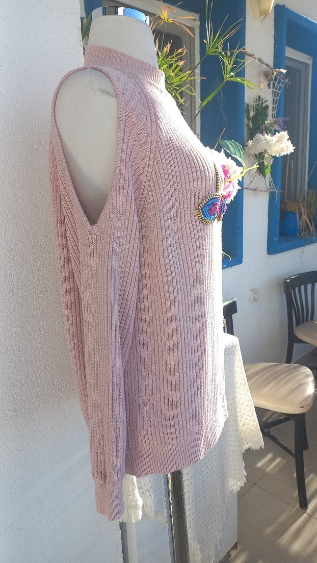 NAKIŞLI PEMBE BOHEM KADIN KAZAK - Görsel 3