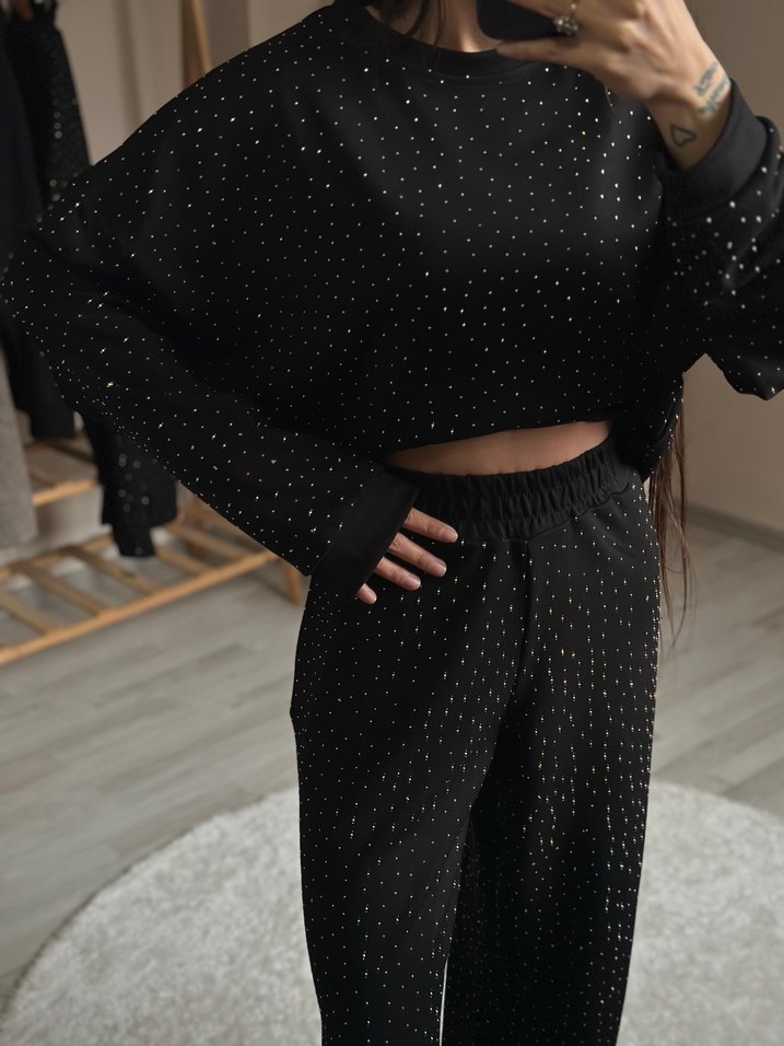 Taş Detaylı Siyah Midi Takım - Görsel 3