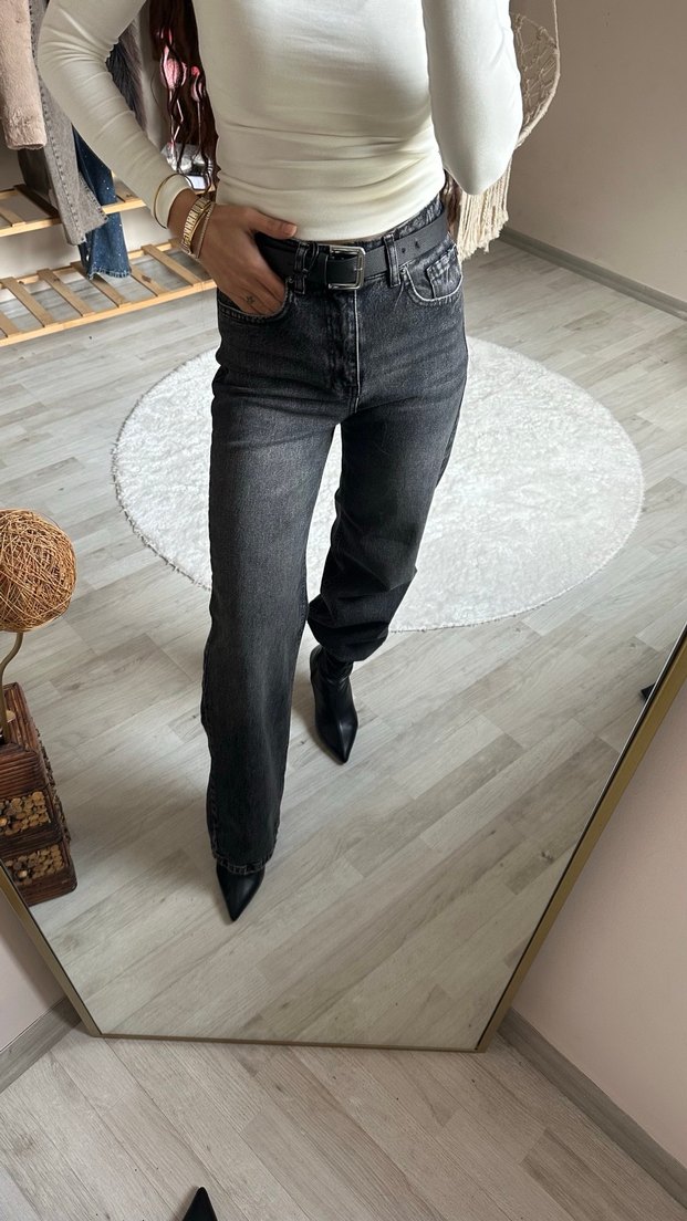 Gri Loose Fit Straight Jean - Görsel 2