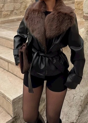 Kahverengi Kürklü Deri Mini Ceket - Görsel 6