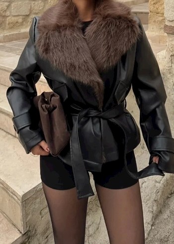 Kahverengi Kürklü Deri Mini Ceket - Görsel 5