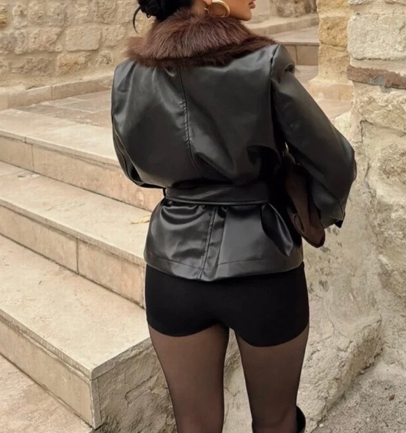 Kahverengi Kürklü Deri Mini Ceket - Görsel 4