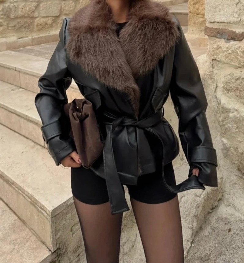 Kahverengi Kürklü Deri Mini Ceket - Görsel 5