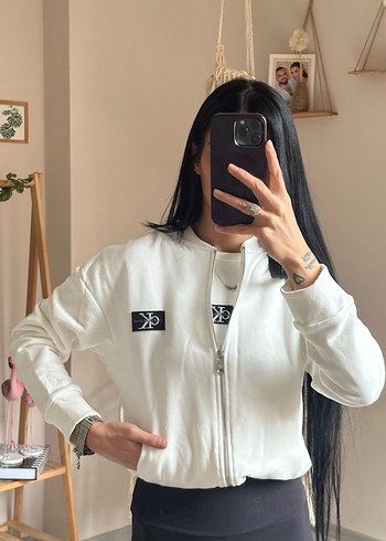 Kadın Beyaz Fermuarlı Bomber Ceket - Görsel 2