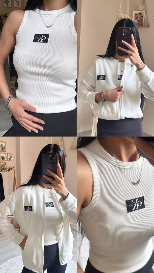 Kadın Beyaz Fermuarlı Bomber Ceket - Görsel 3