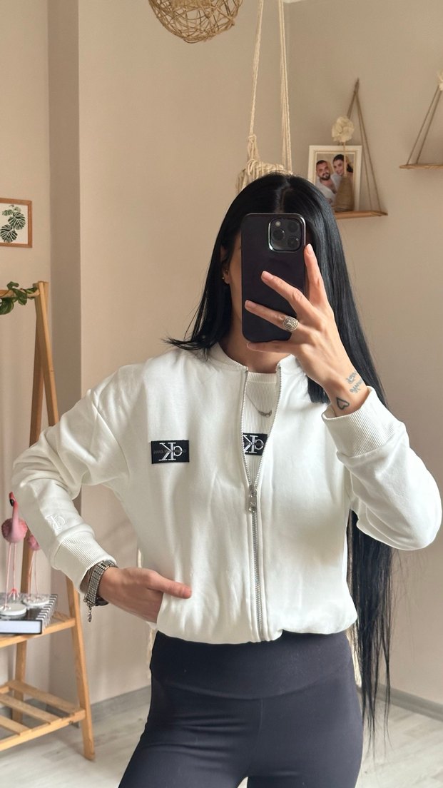 Kadın Beyaz Fermuarlı Bomber Ceket - Görsel 2