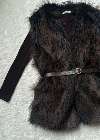 Kahverengi Kürklü Deri Mini Yelek - Görsel 4