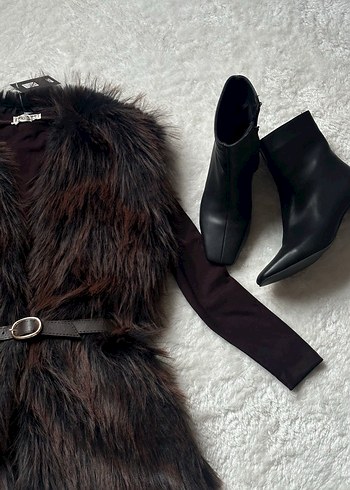 Kahverengi Kürklü Deri Mini Yelek - Görsel 2