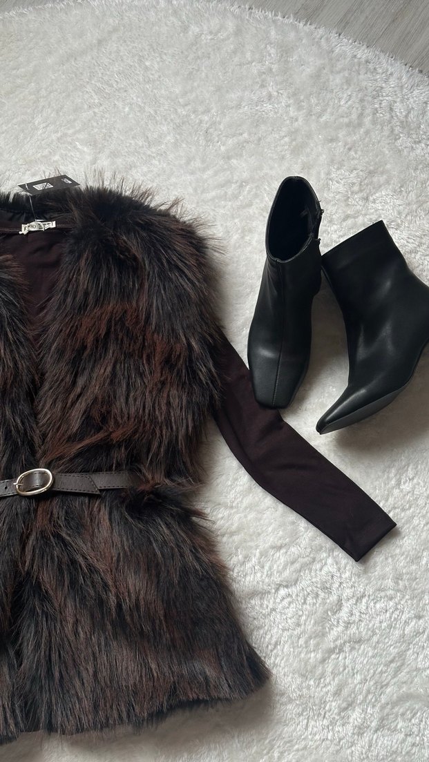 Kahverengi Kürklü Deri Mini Yelek - Görsel 3