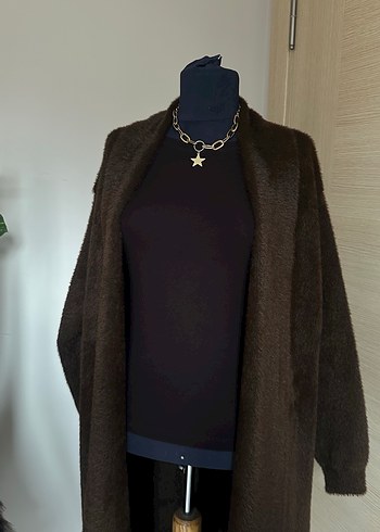 Kahverengi Uzun Örgü Kadın Hırka - Görsel 4