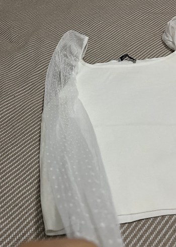 Beyaz Drapeli Straplez Uzun Kollu Bluz - Görsel 3