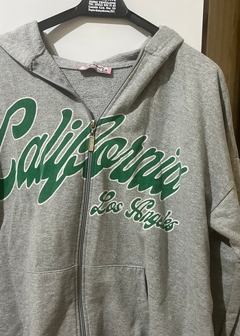 Gri Kapüşonlu Fermuarlı Sweatshirt - Görsel 2