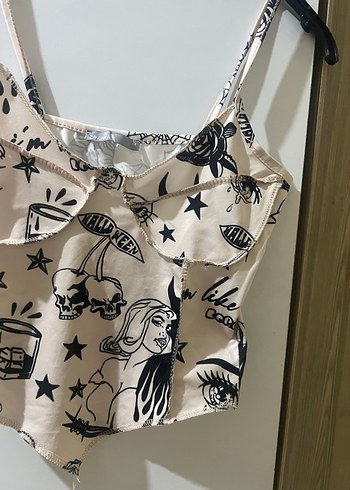 Dantel Detaylı Baskılı Straplez Mini Bustiyer - Görsel 2