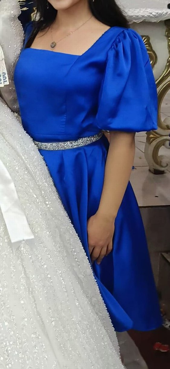 Parlak Mavi Drapeli Midi Abiye Elbise - Görsel 2