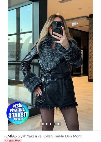 Siyah Deri Mini Kürklü Kısa Ceket mont - Görsel 7