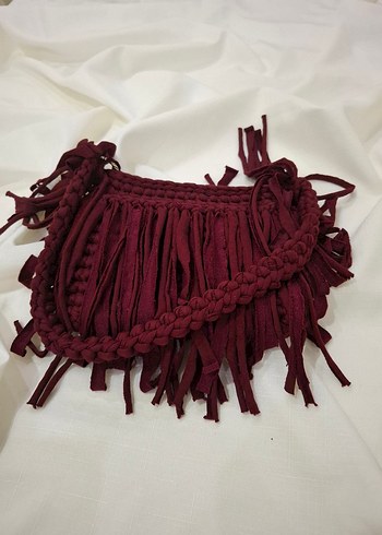 Bordo Püsküllü Örgü Bohem Kadın Çanta - Görsel 3
