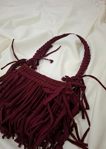 Bordo Püsküllü Örgü Bohem Kadın Çanta - Görsel 4