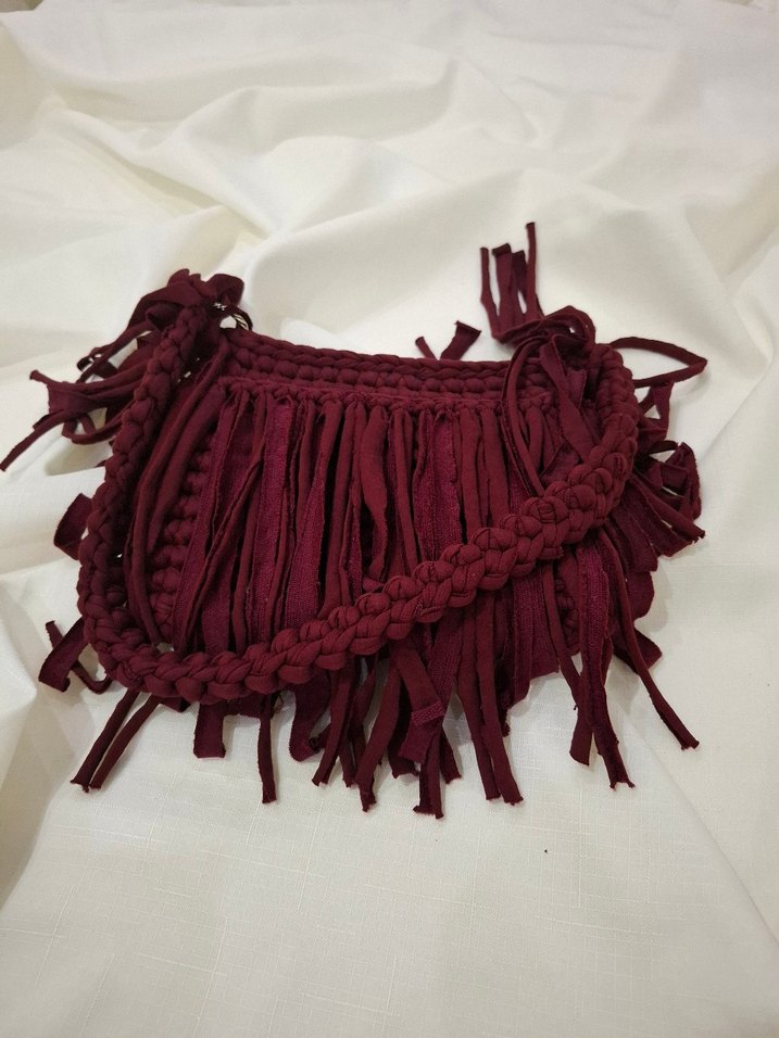 Bordo Püsküllü Örgü Bohem Kadın Çanta - Görsel 3