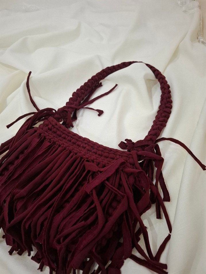Bordo Püsküllü Örgü Bohem Kadın Çanta - Görsel 4
