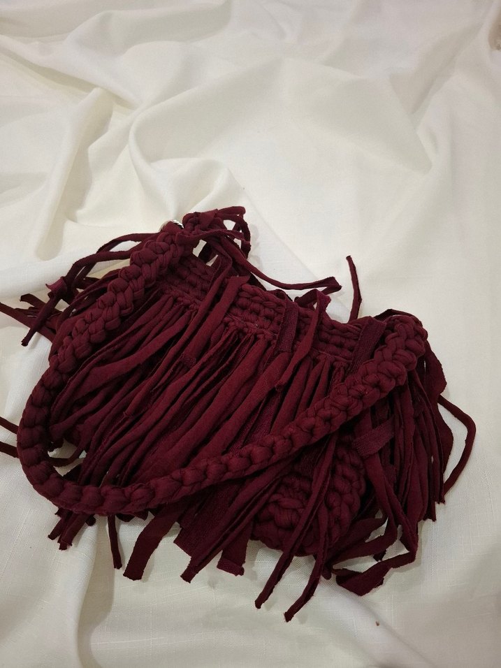 Bordo Püsküllü Örgü Bohem Kadın Çanta - Görsel 2
