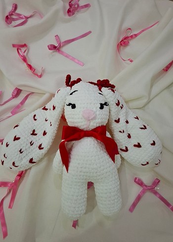 Kırmızı Fiyonk Detaylı Beyaz Peluş Tavşan - Görsel 7