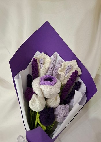 Mor Beyaz Örgü Bohem Çiçek Buketi - Görsel 4