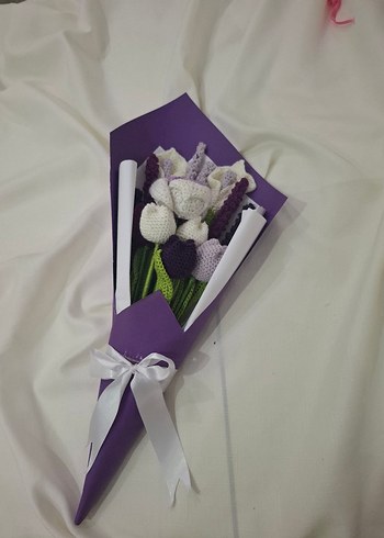 Mor Beyaz Örgü Bohem Çiçek Buketi - Görsel 7