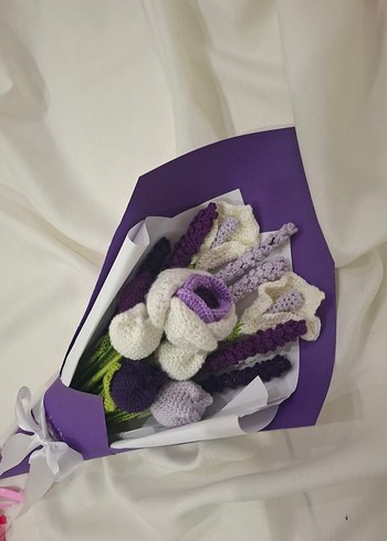 Mor Beyaz Örgü Bohem Çiçek Buketi - Görsel 6