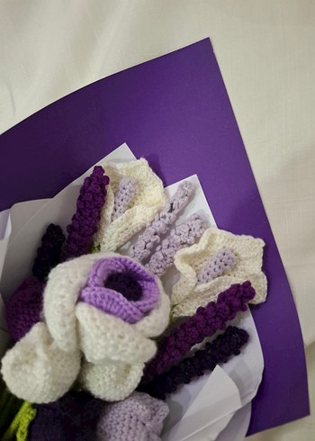 Mor Beyaz Örgü Bohem Çiçek Buketi - Görsel 3