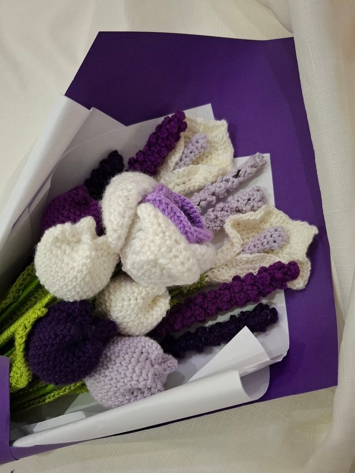 Mor Beyaz Örgü Bohem Çiçek Buketi - Görsel 5