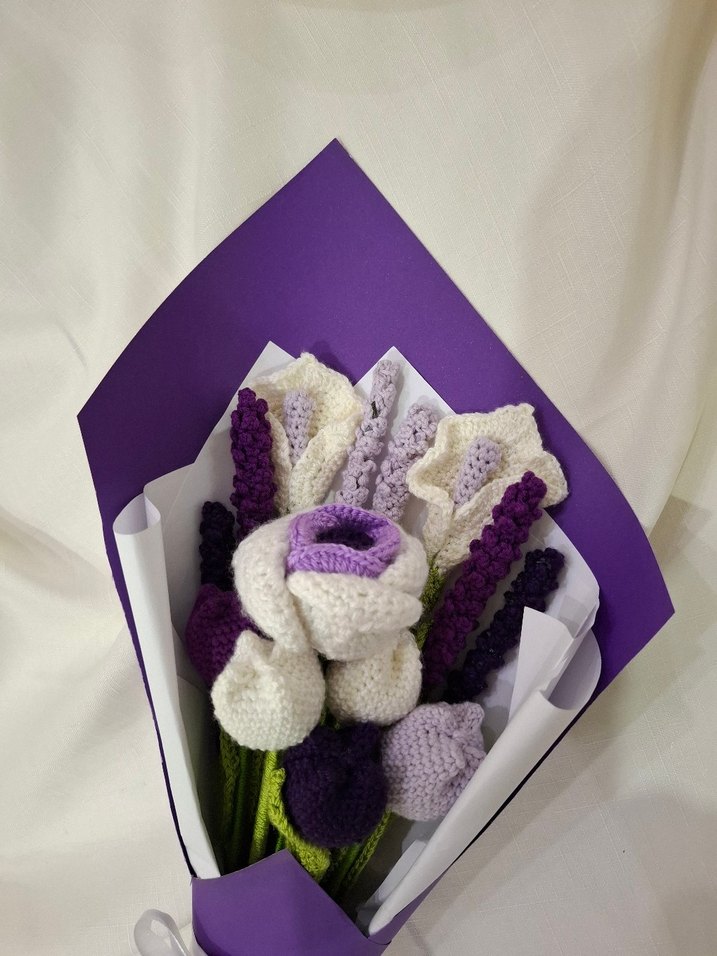 Mor Beyaz Örgü Bohem Çiçek Buketi - Görsel 4