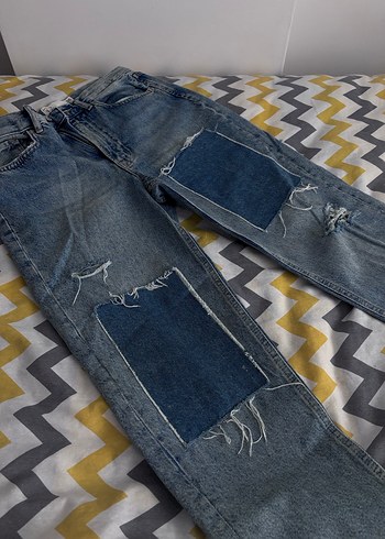 Mavi parçalı Loose Fit Kadın Denim Jean - Görsel 4